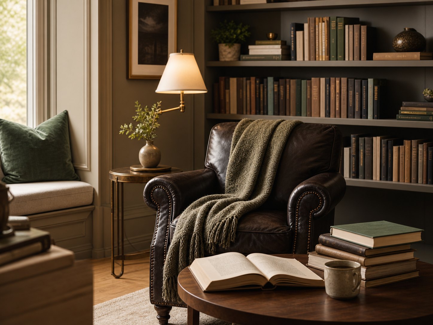 Warm reading nook with bookshelves